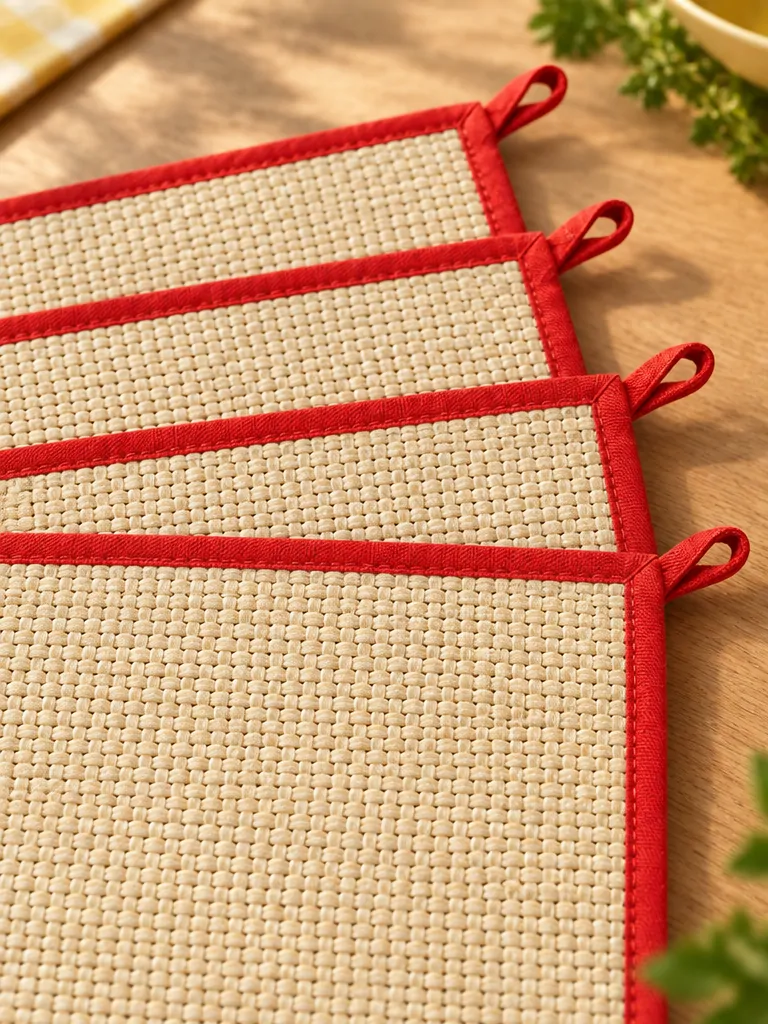 Basket Weave Placemats, Set of 4 close up: edge finish and red corner loop