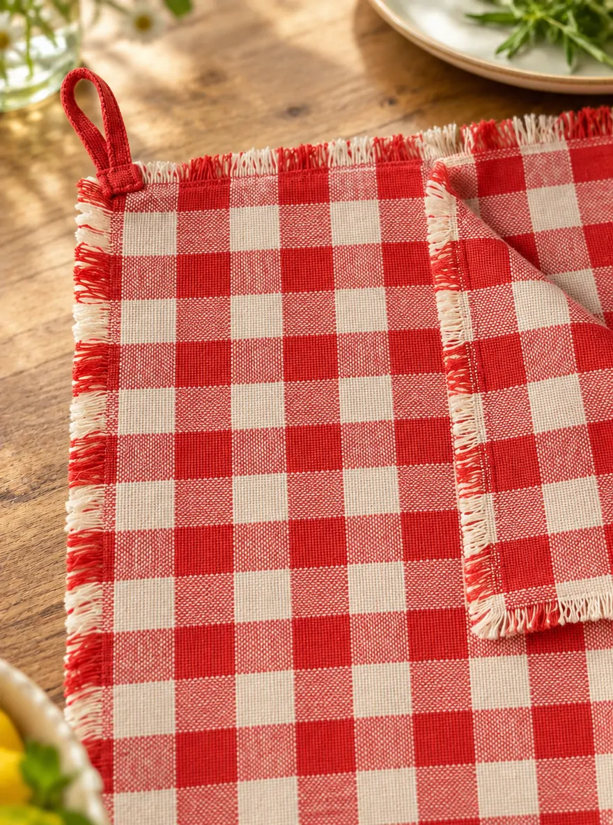 Big Gingham Picnic Cloth close up: edge finish and red corner loop