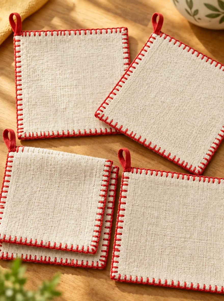 Blanket Stitch Napkins, Set of 4 close up: edge finish and red corner loop