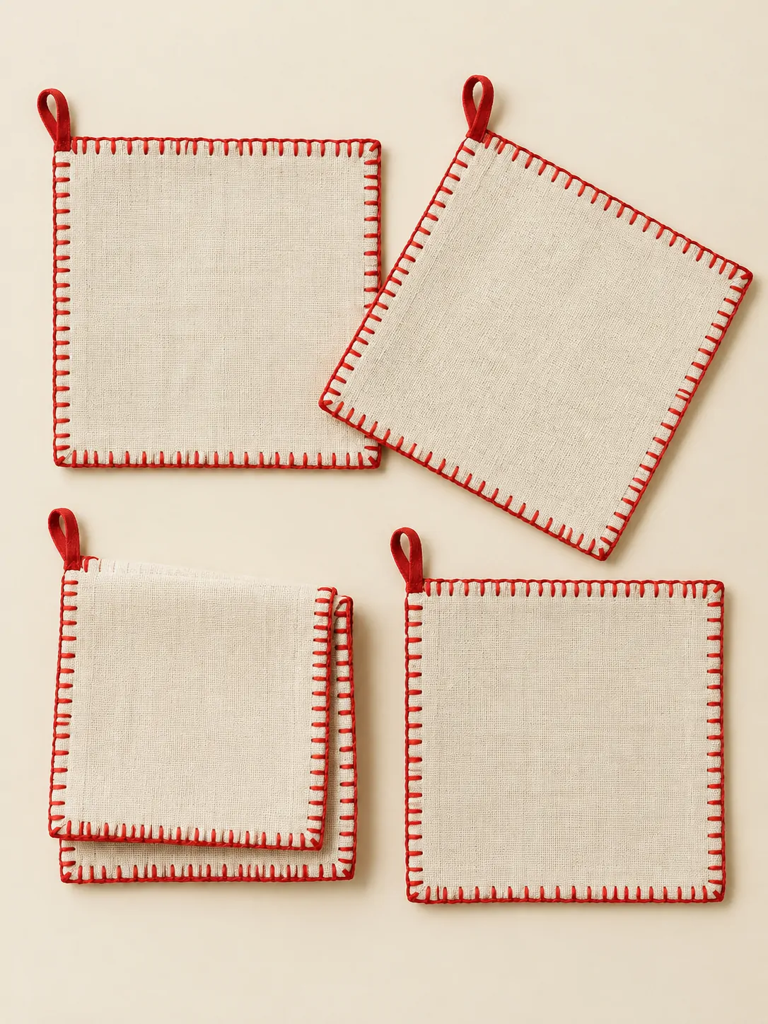 Blanket Stitch Napkins, Set of 4 laid flat, showing every piece in the set