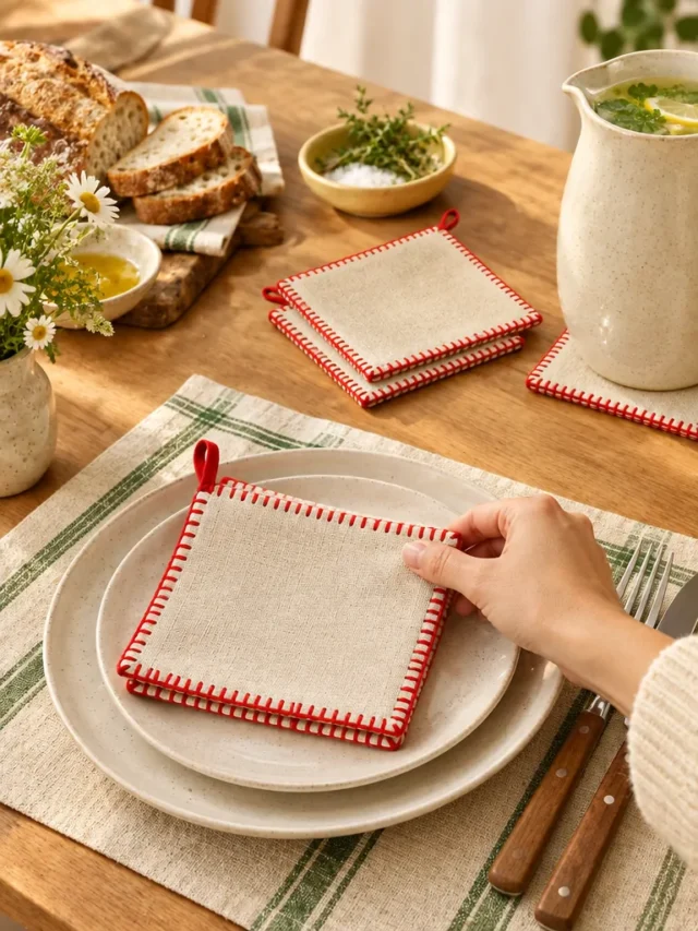 Blanket Stitch Napkins, Set of 4 on a laid weekend table