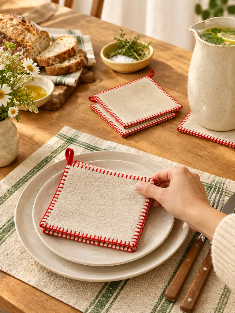 Blanket Stitch Napkins, Set of 4 on a laid weekend table