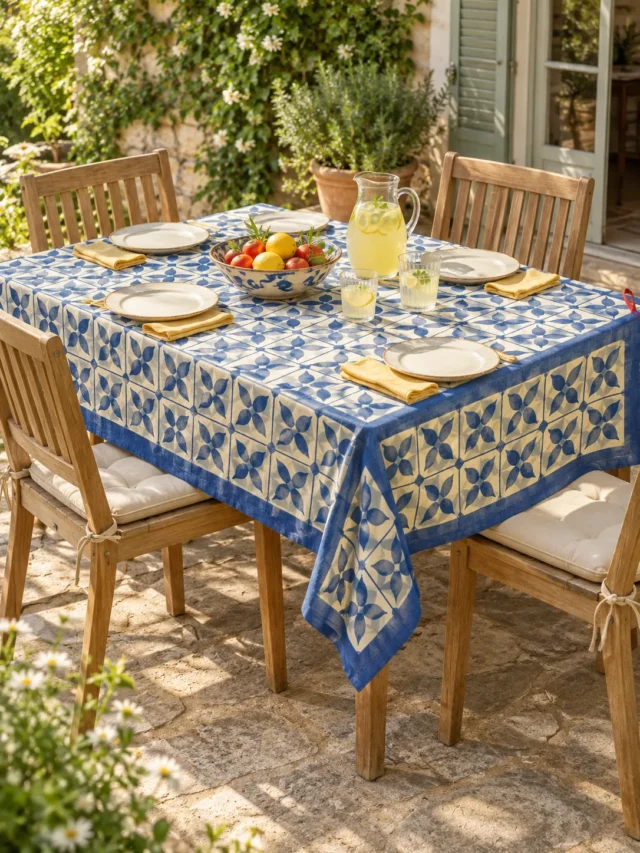 Blue Tile Tablecloth on a laid weekend table