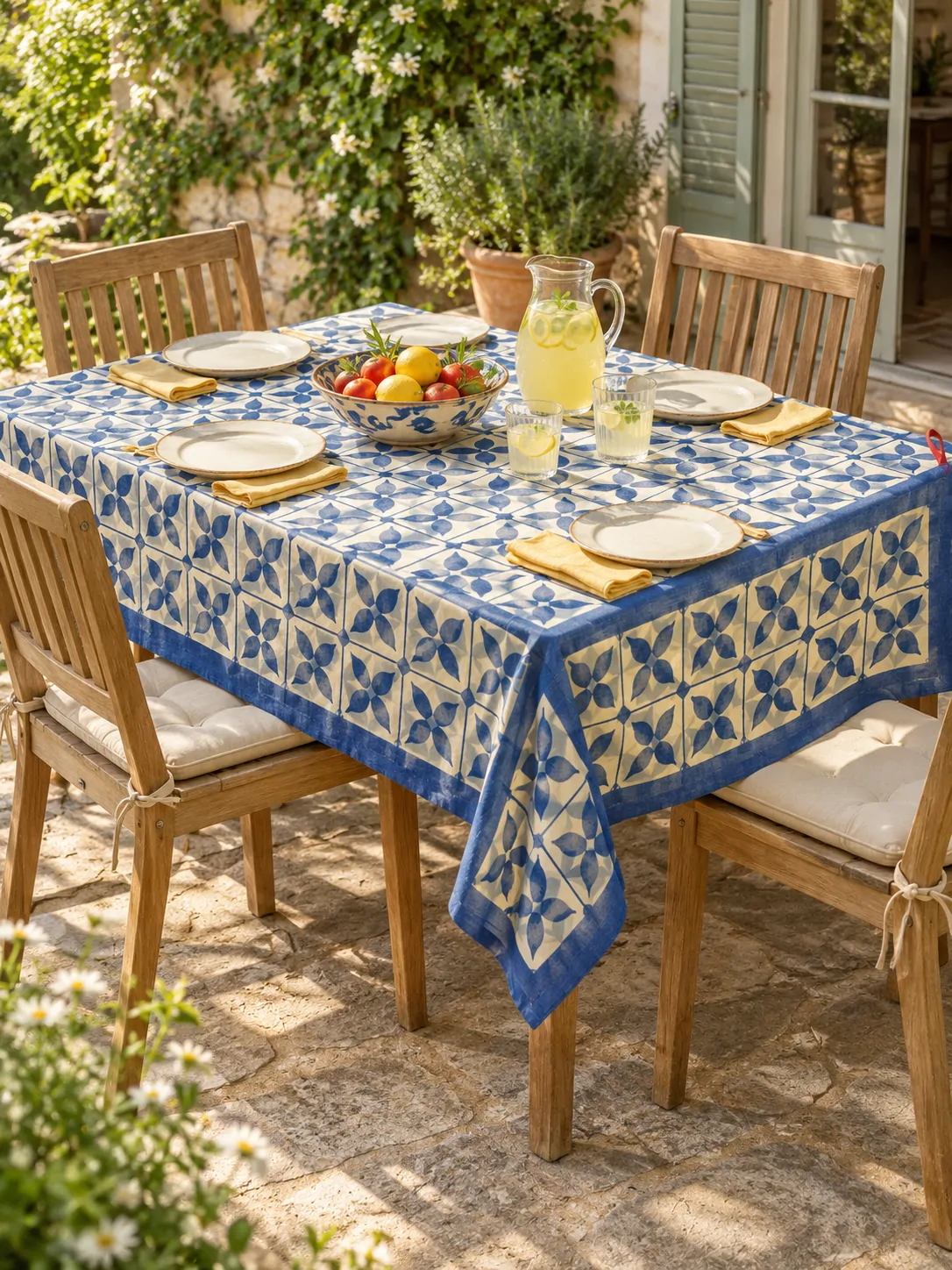 Blue Tile Tablecloth on a laid weekend table