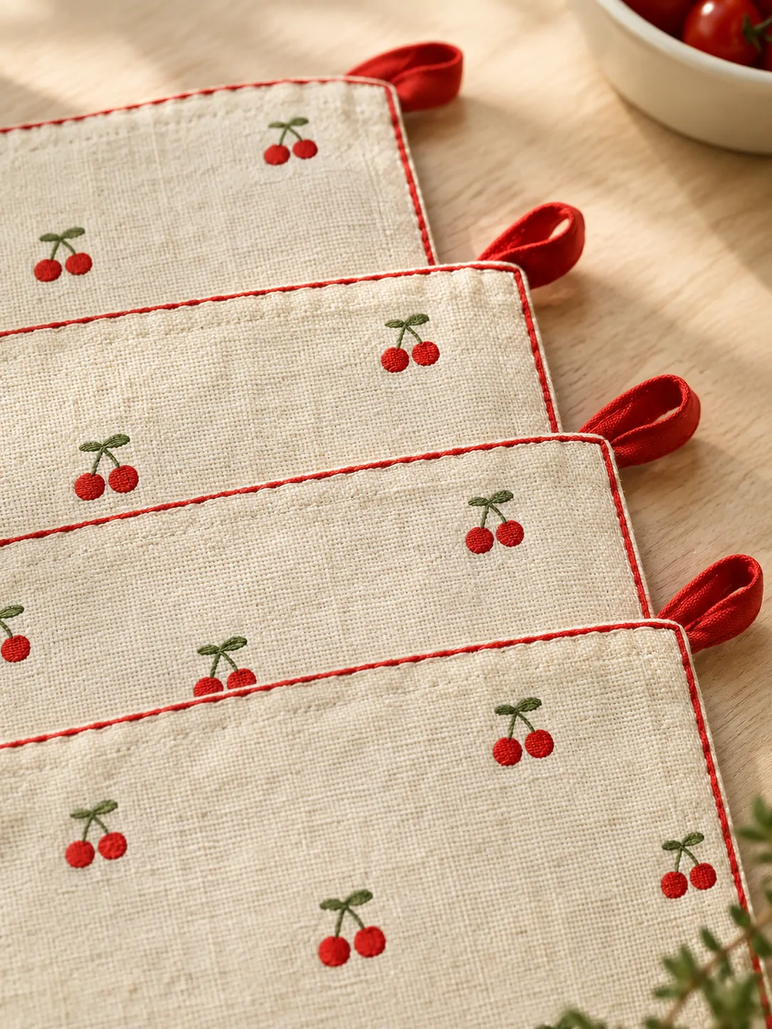 Cherry Dot Placemats, Set of 4 close up: edge finish and red corner loop