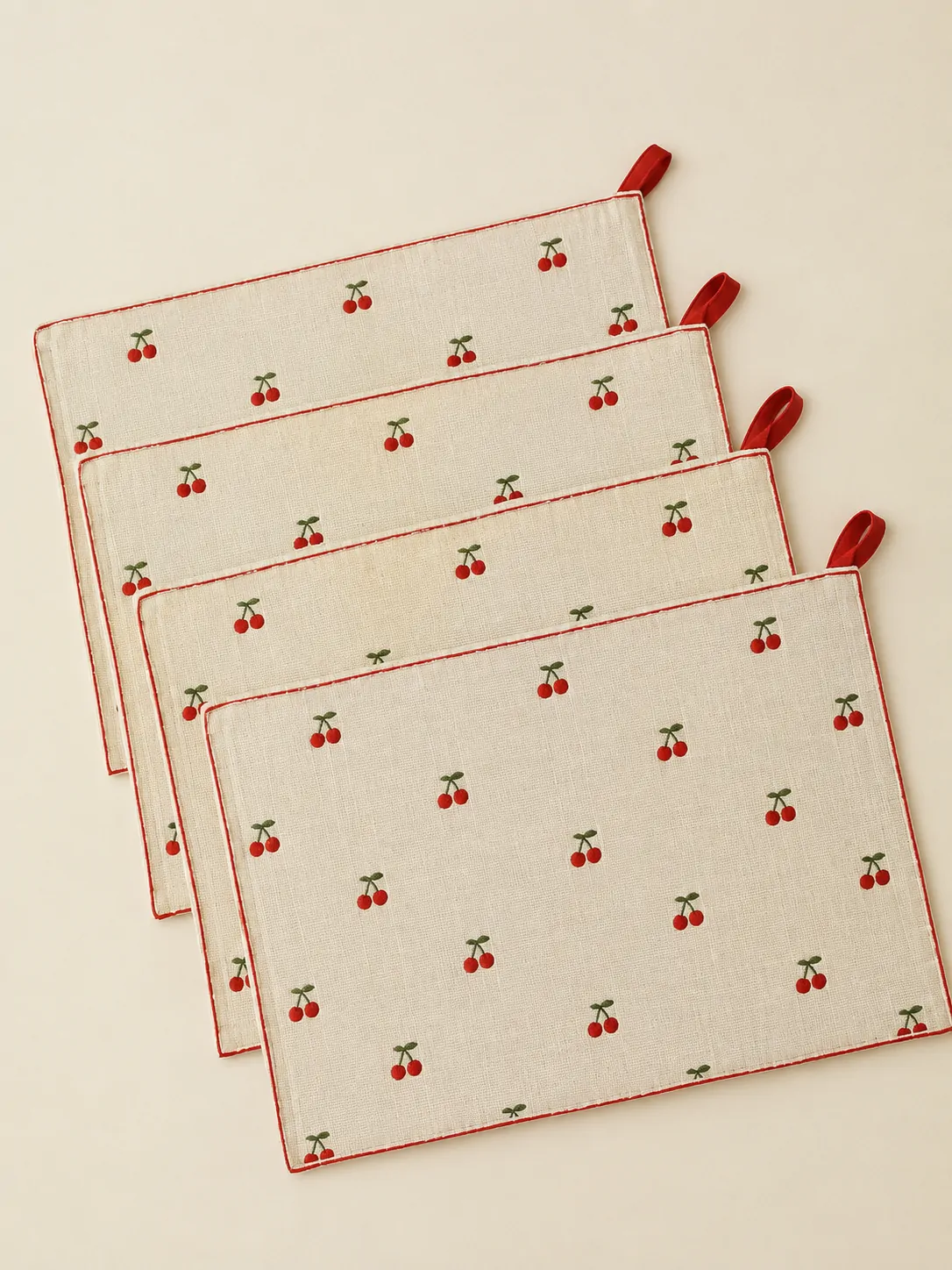 Cherry Dot Placemats, Set of 4 laid flat, showing every piece in the set