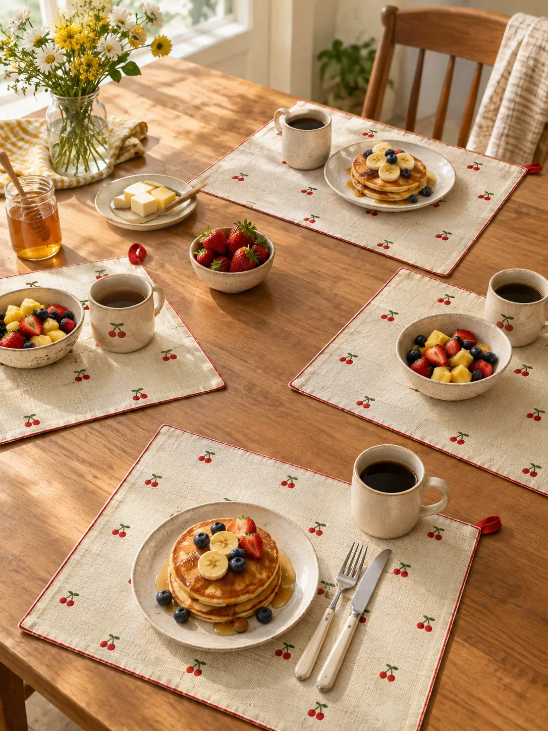 Cherry Dot Placemats, Set of 4 on a laid weekend table