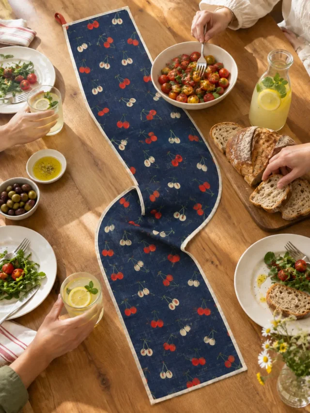 Cherry Market Table Runner on a laid weekend table