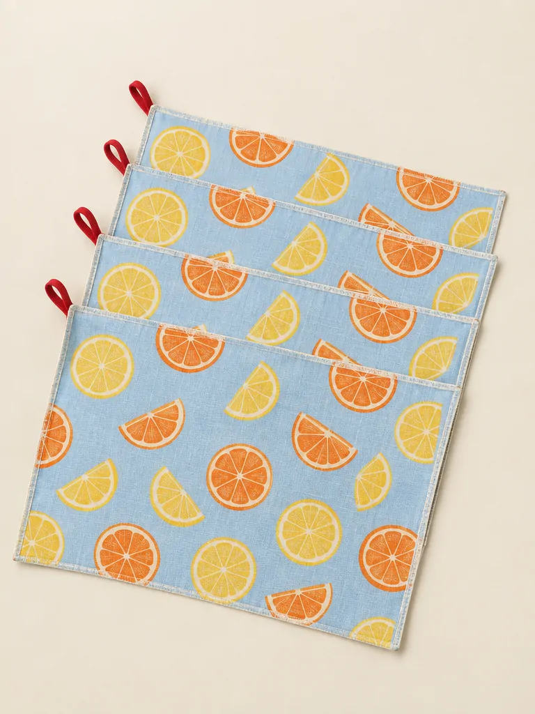 Citrus Slice Placemats, Set of 4 laid flat, showing every piece in the set