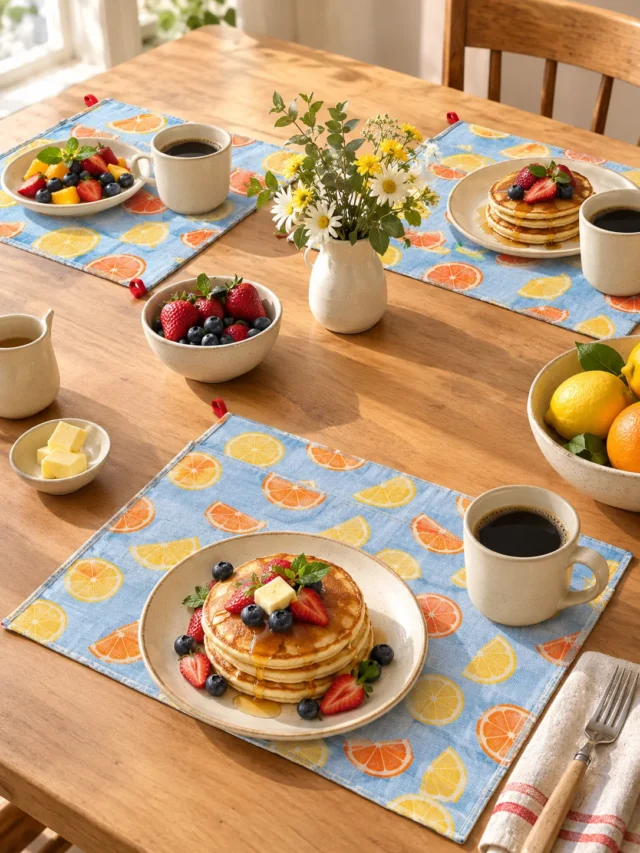 Citrus Slice Placemats, Set of 4 on a laid weekend table