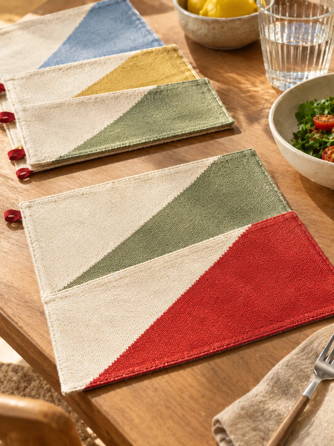 Colour Block Placemats, Set of 4 close up: edge finish and red corner loop