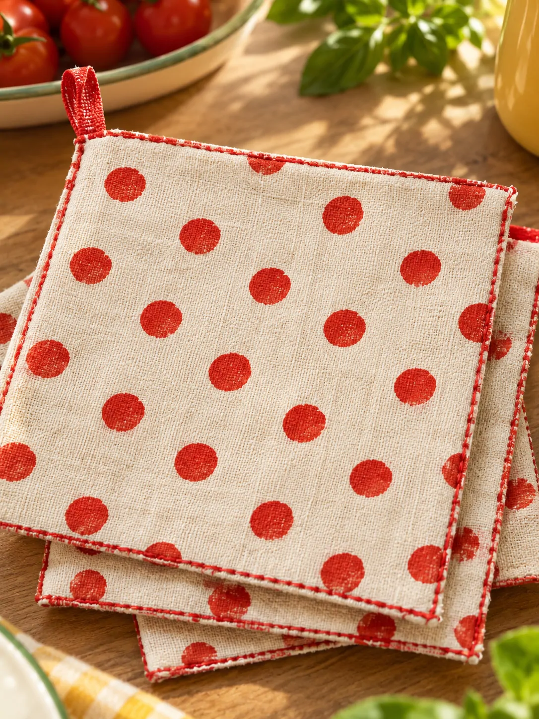 Dotty Napkins, Set of 4 close up: edge finish and red corner loop
