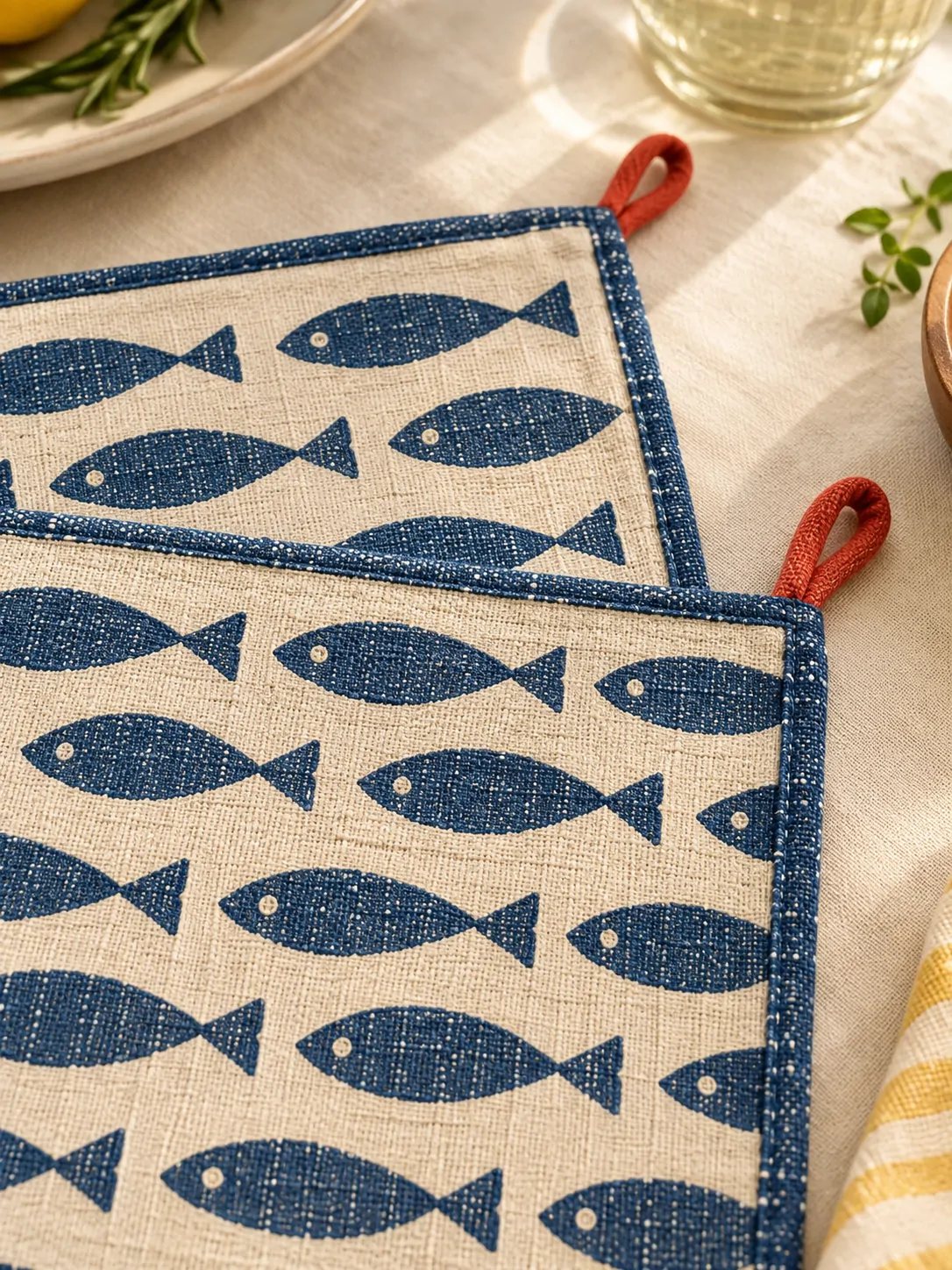 Fish Supper Placemats, Set of 2 close up: edge finish and red corner loop