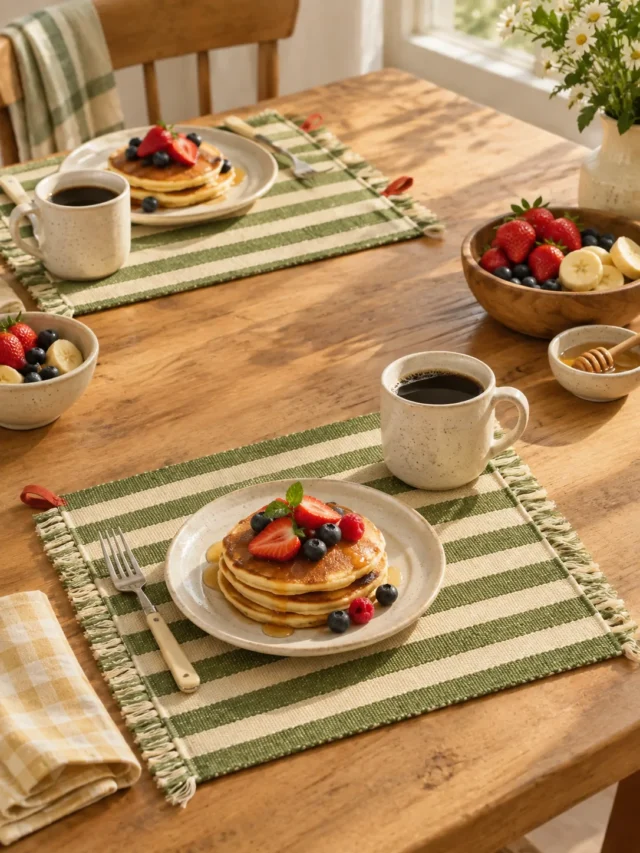 Fringe Stripe Placemats, Set of 4 on a laid weekend table