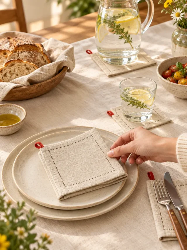 Hemstitch Napkins, Set of 4 on a laid weekend table