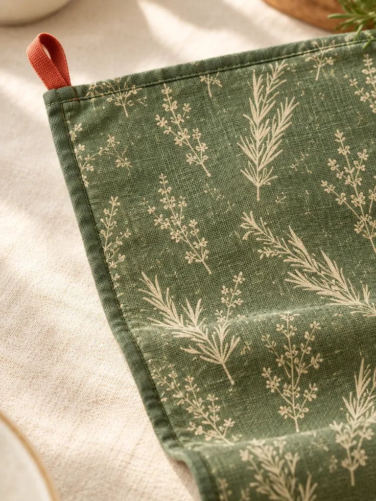 Herb Garden Table Runner close up: edge finish and red corner loop