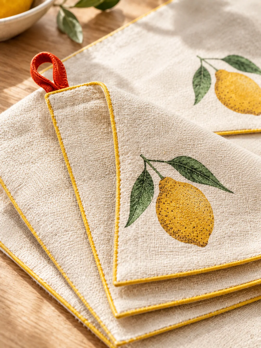 Lemon Corner Napkins, Set of 4 close up: edge finish and red corner loop