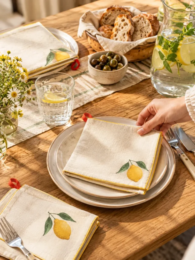 Lemon Corner Napkins, Set of 4 on a laid weekend table