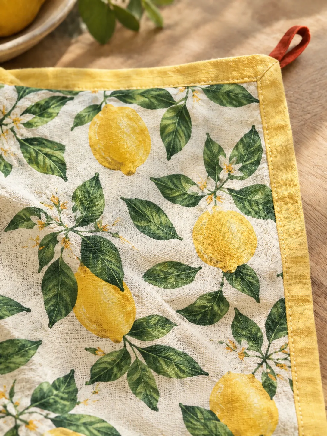 Lemon Grove Table Runner close up: edge finish and red corner loop