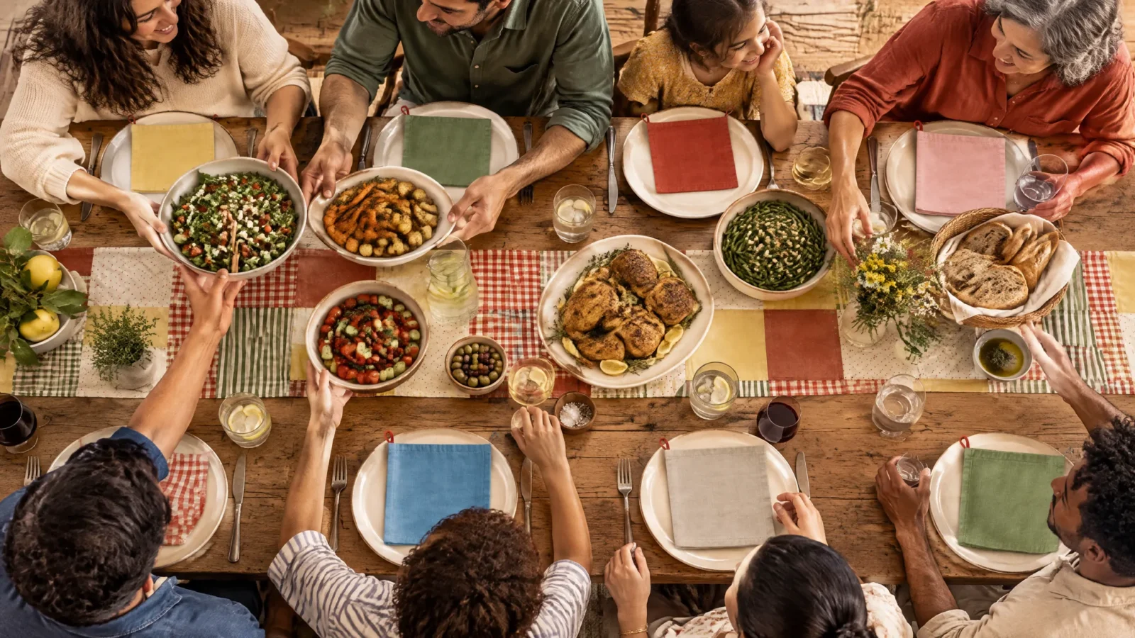 A long table of friends and family sharing lunch, seen from above
