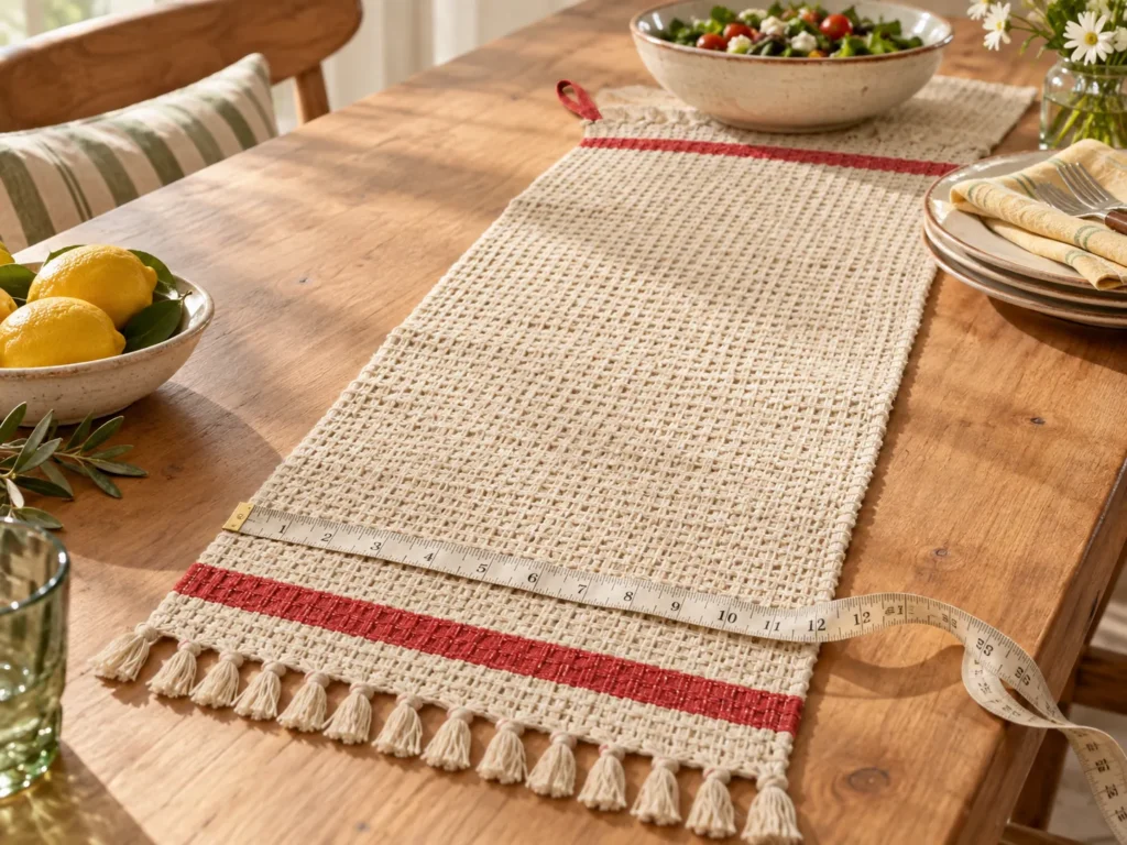 A tape measure across the end of a table runner