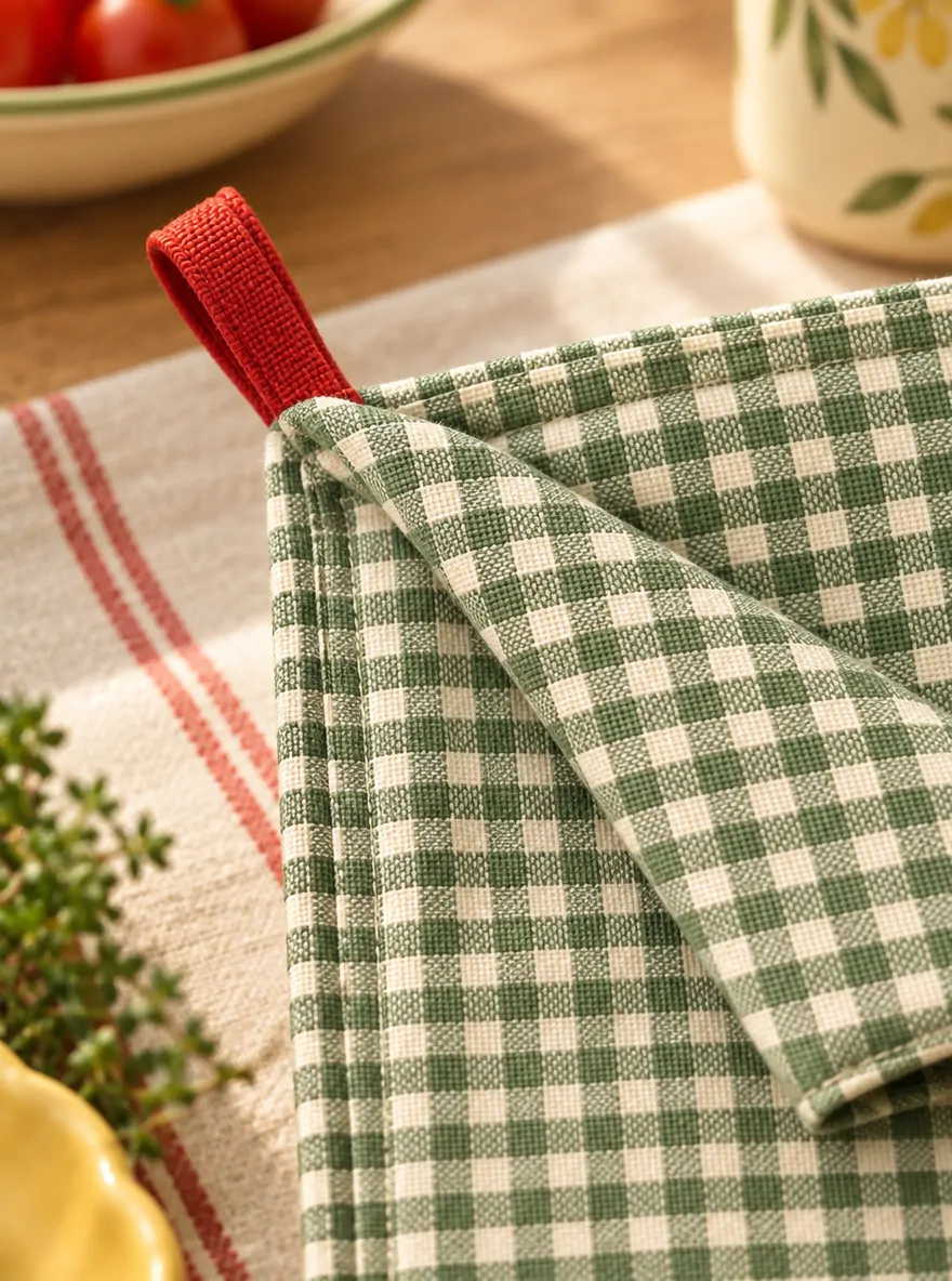 Mini Check Napkins, Set of 4 close up: edge finish and red corner loop