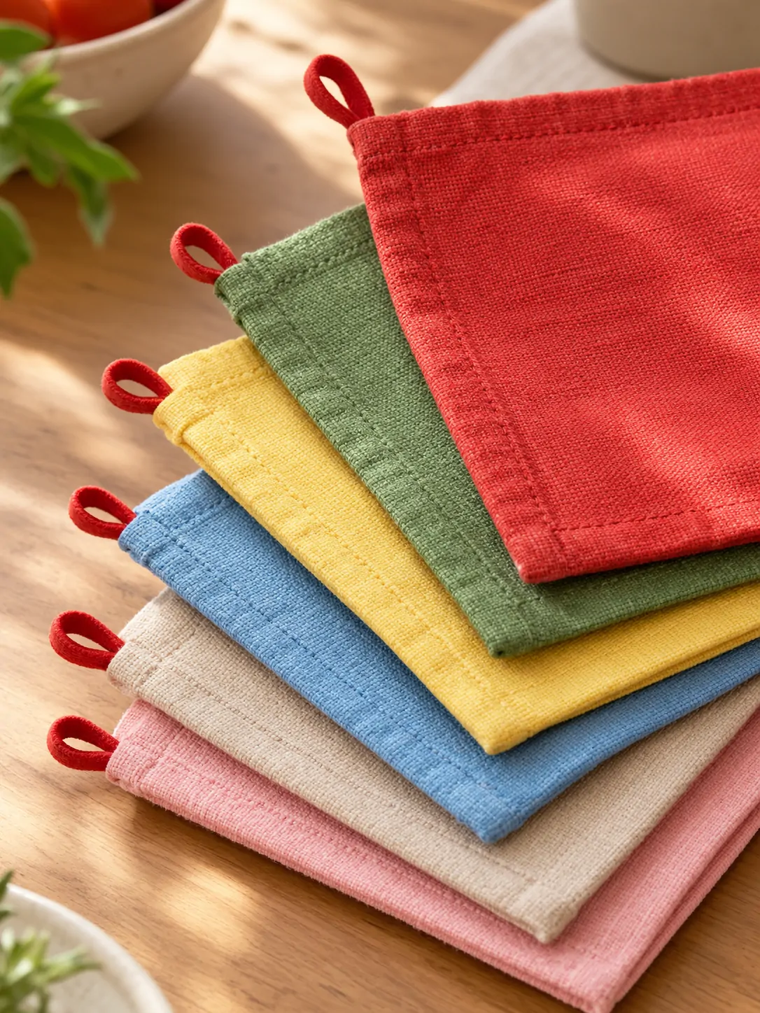 Mismatched Napkins, Set of 6 close up: edge finish and red corner loop