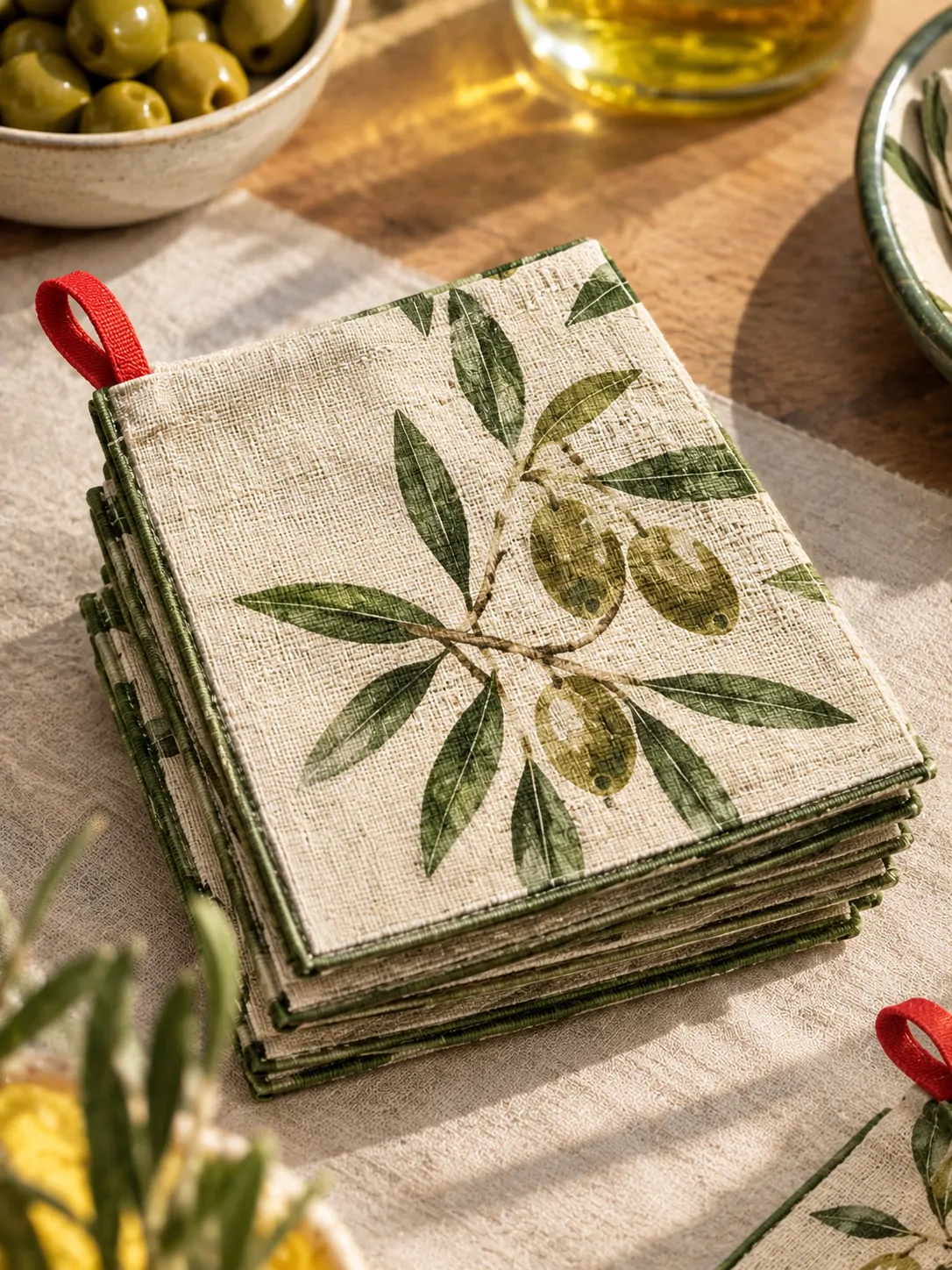 Olive Cocktail Napkins, Set of 6 close up: edge finish and red corner loop