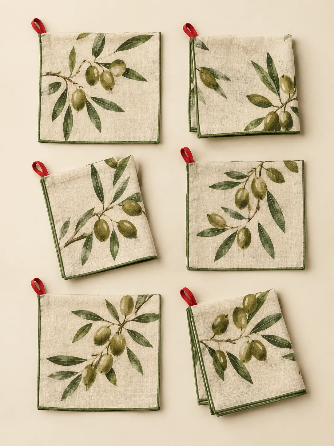 Olive Cocktail Napkins, Set of 6 laid flat, showing every piece in the set