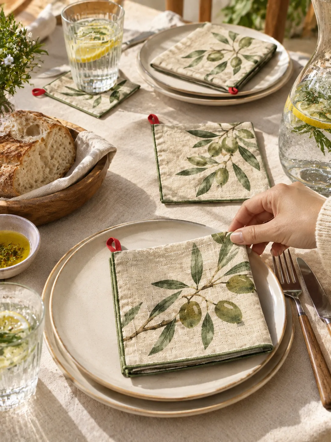Olive Cocktail Napkins, Set of 6 on a laid weekend table