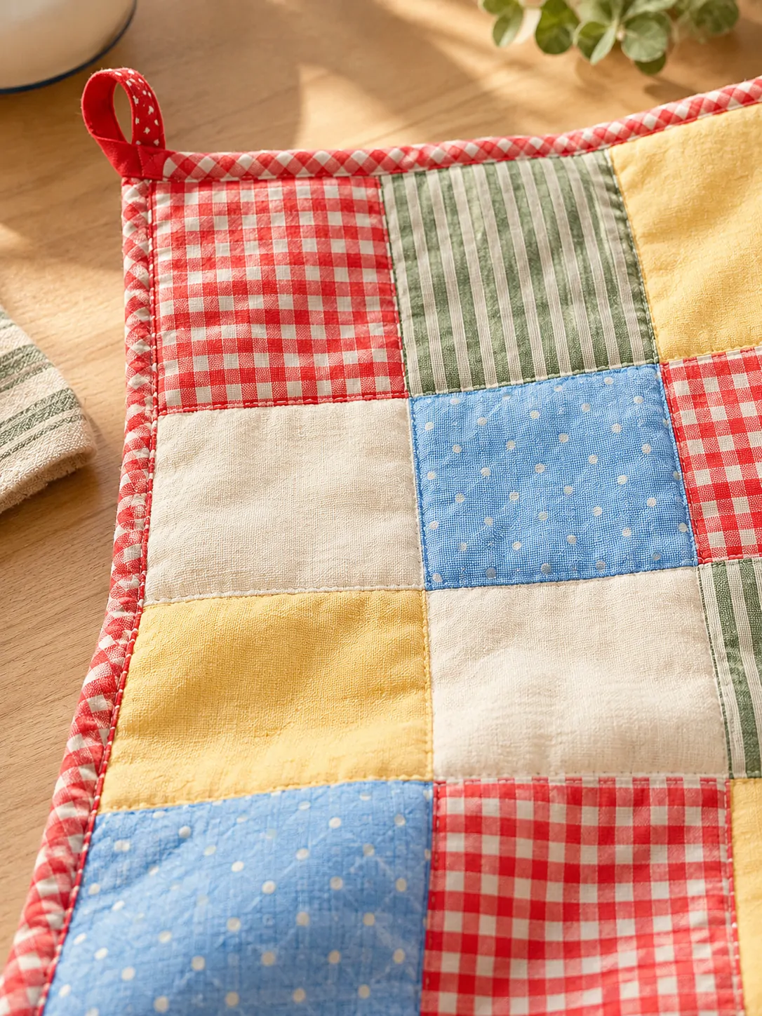 Patchwork Picnic Quilt close up: edge finish and red corner loop