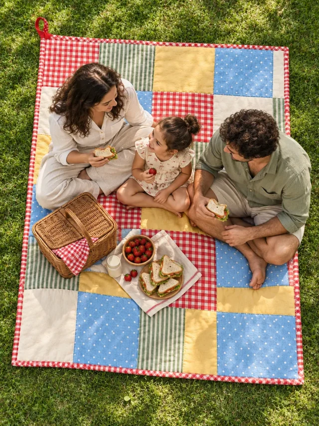 Patchwork Picnic Quilt on a laid weekend table