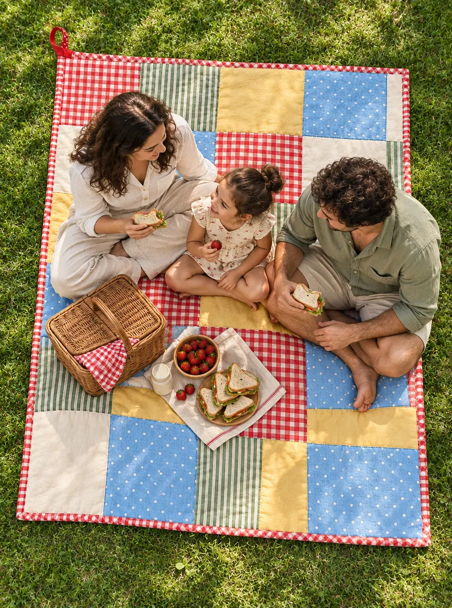 Patchwork Picnic Quilt on a laid weekend table