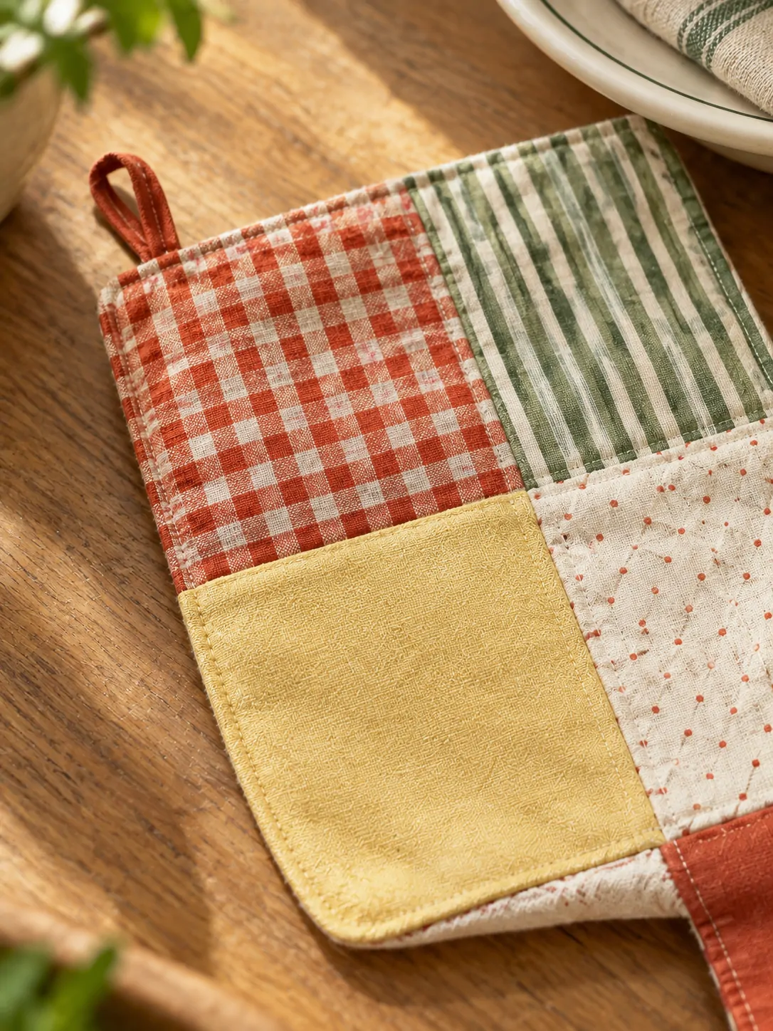Patchwork Picnic Table Runner close up: edge finish and red corner loop
