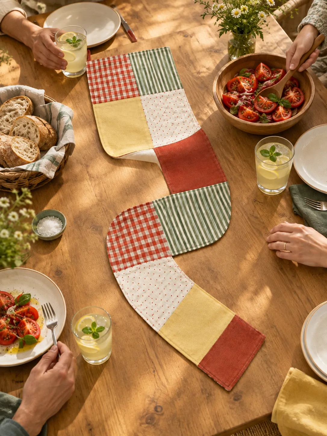 Patchwork Picnic Table Runner on a laid weekend table