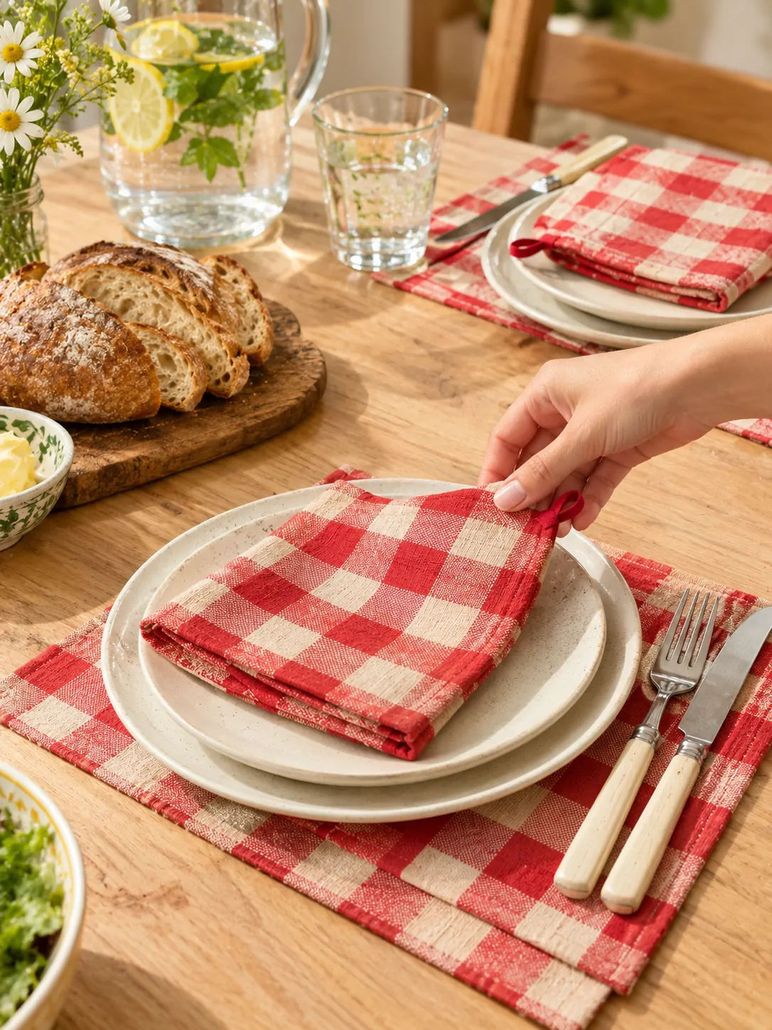 Picnic Check Napkins, Set of 8 on a laid weekend table