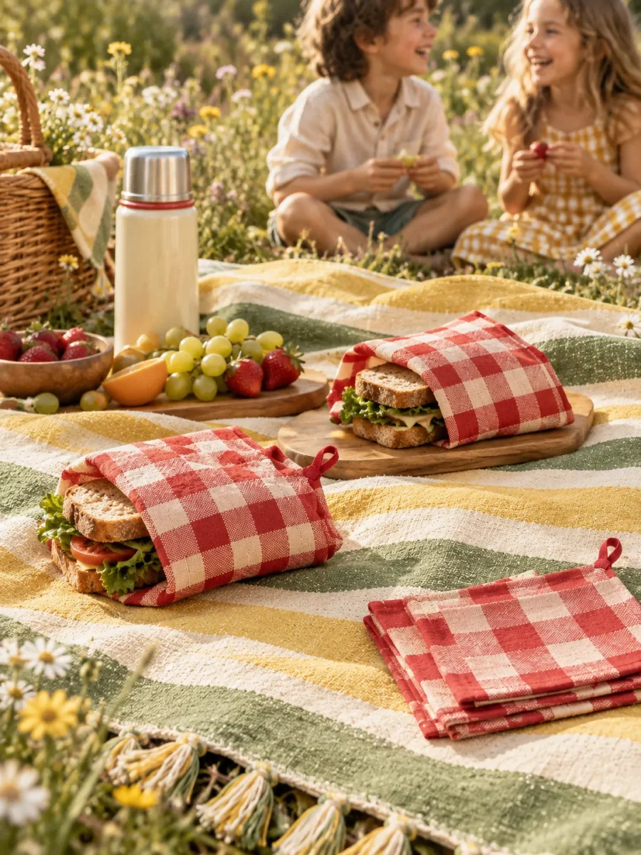 Et stribet picnictæppe på en sommereng med sandwich pakket ind i ternede servietter