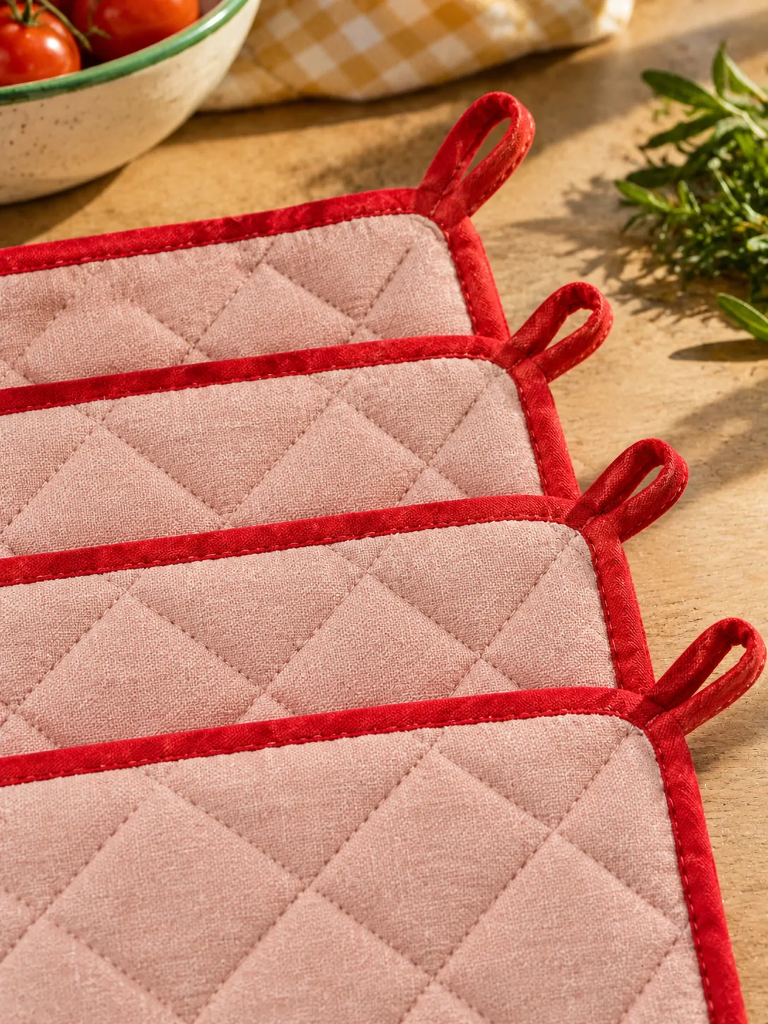Quilted Diamond Placemats, Set of 4 close up: edge finish and red corner loop