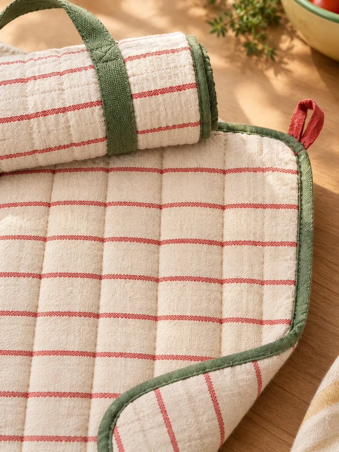 Quilted Picnic Mat with Carry Strap close up: edge finish and red corner loop