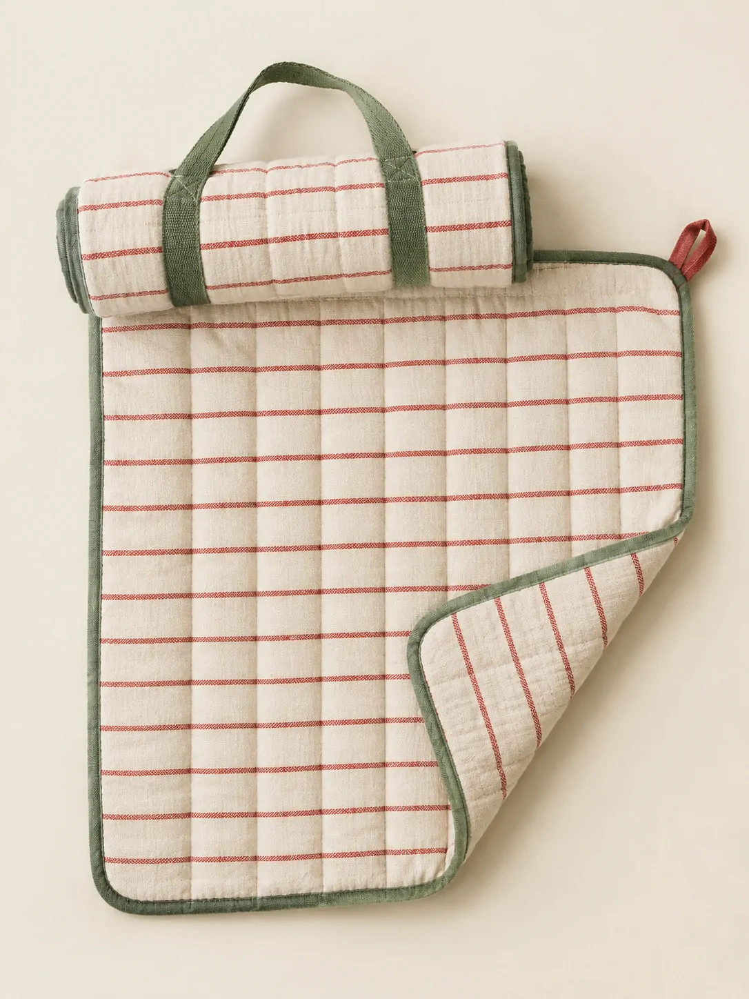 Quilted Picnic Mat with Carry Strap laid flat, showing every piece in the set