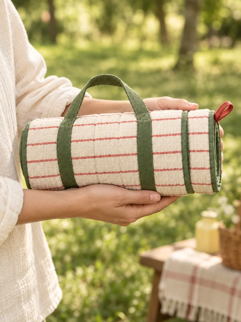 Quilted Picnic Mat with Carry Strap folded