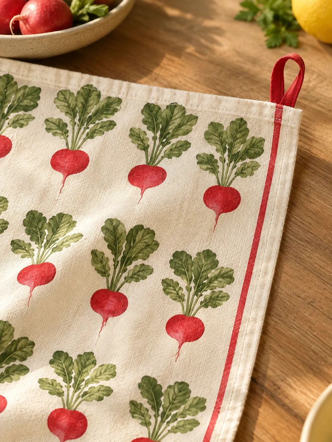 Radish Row Table Runner close up: edge finish and red corner loop