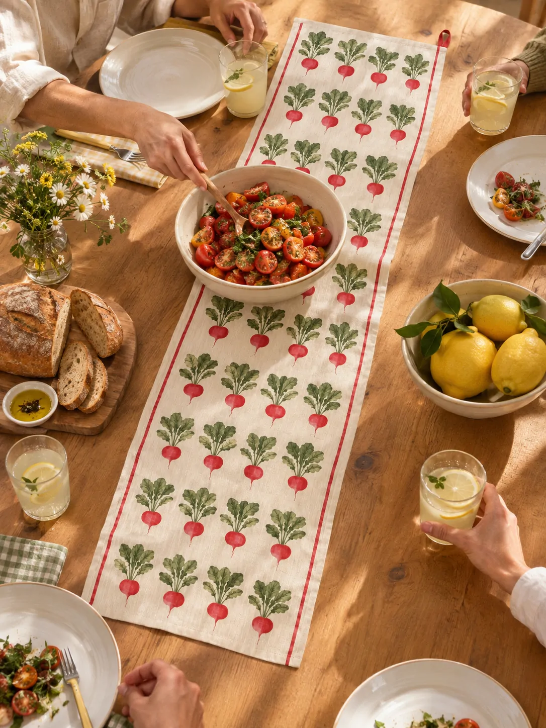 Radish Row Table Runner on a laid weekend table