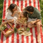 Sammenrulleligt picnictæppe med remme på et dækket weekendbord
