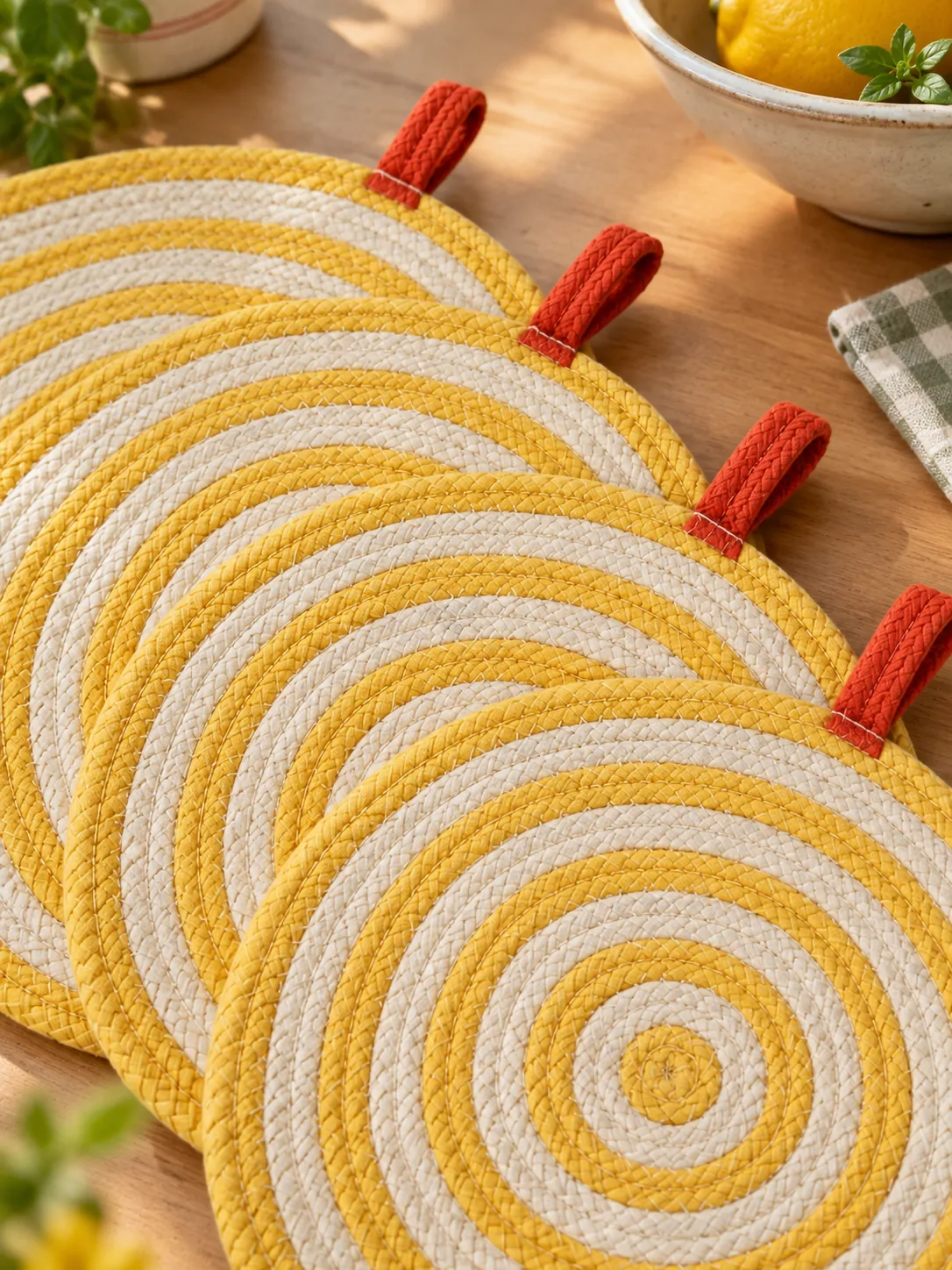 Round Braided Placemats, Set of 4 close up: edge finish and red corner loop