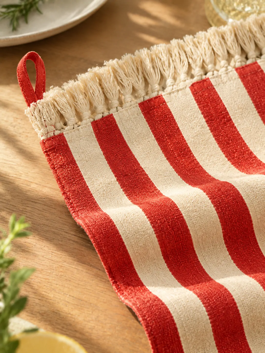 Saturday Stripe Table Runner close up: edge finish and red corner loop