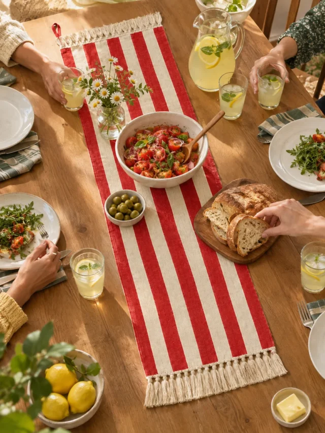 Saturday Stripe Table Runner on a laid weekend table
