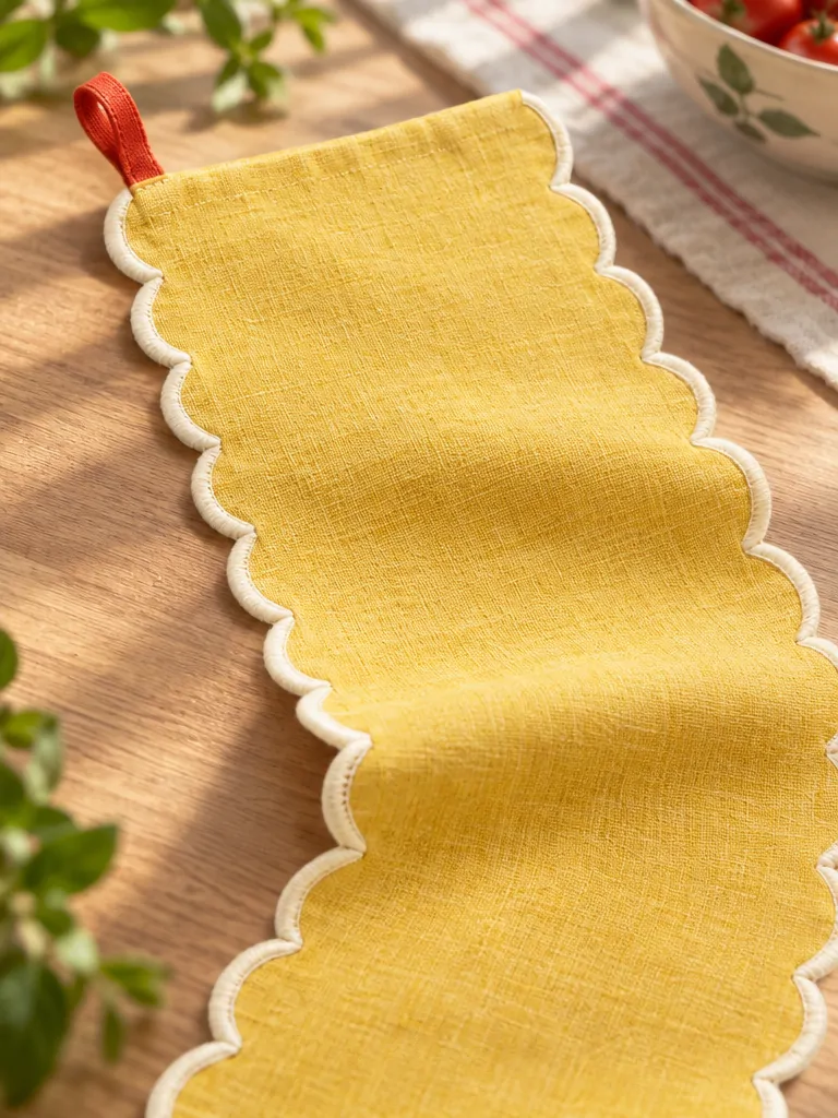 Scallop Edge Table Runner close up: edge finish and red corner loop
