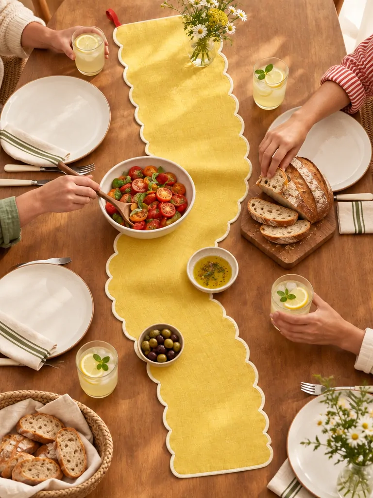 Scallop Edge Table Runner on a laid weekend table