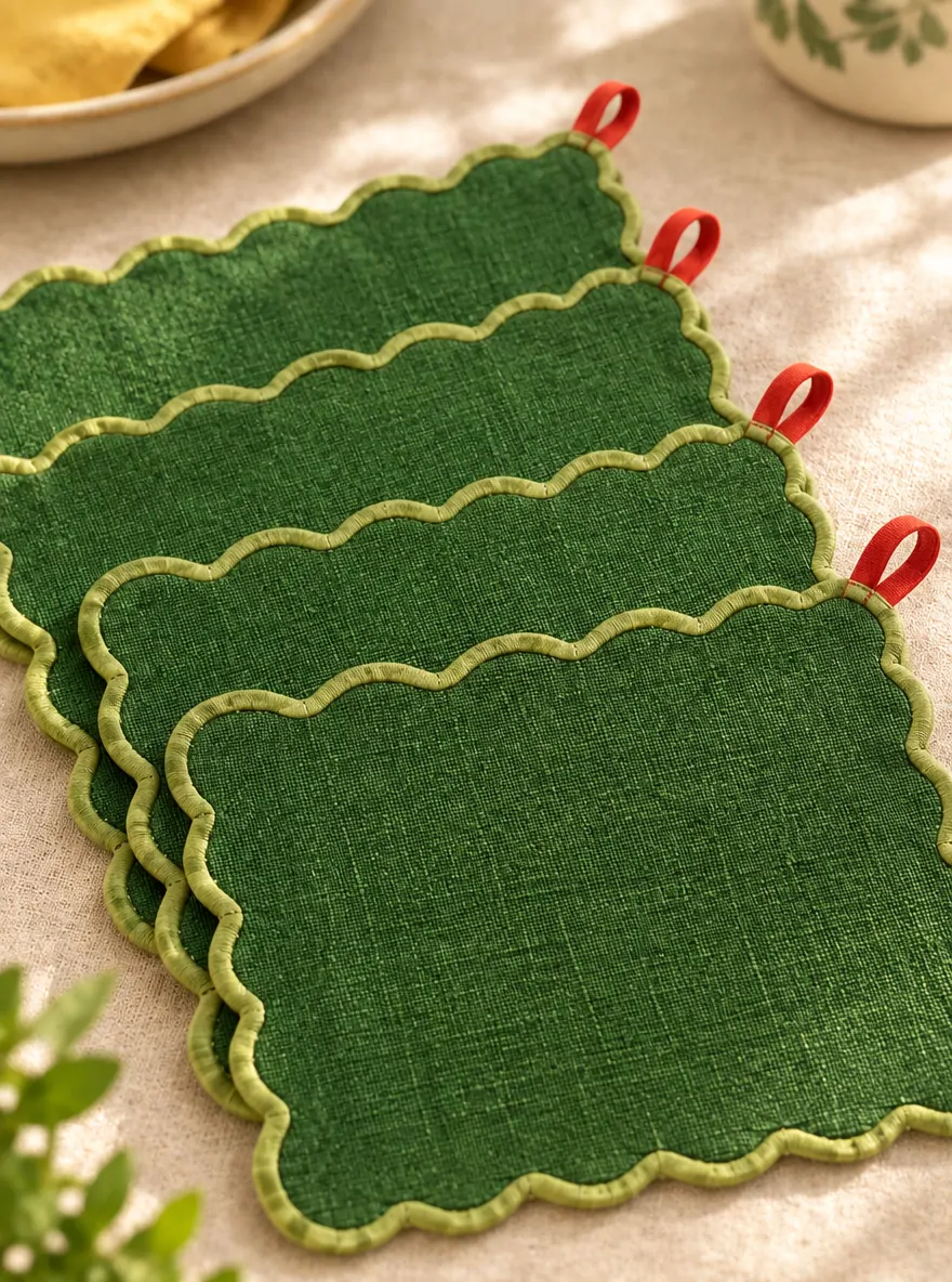 Scallop Placemats, Set of 4 close up: edge finish and red corner loop